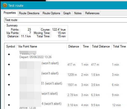 Route properties window Via vs. shaping points